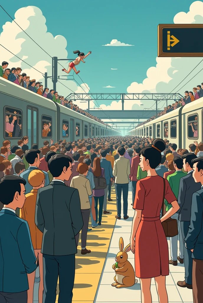 surreal animation 、amazing kawaii style💕、 the view from the station platform 、 looking at the train from the side 、 crowded trains near the door、The train is overcrowded 、 the train swells in a circle due to the large number of people 、 the person jumping out of the window 、 businessman in a cafe、 businesswoman、 the station attendant pushing the person into the train with both hands 、 there is a person watching the scene with impatience at the home 々、 There is a rabbit in the corner of the illustration looking at these happily。