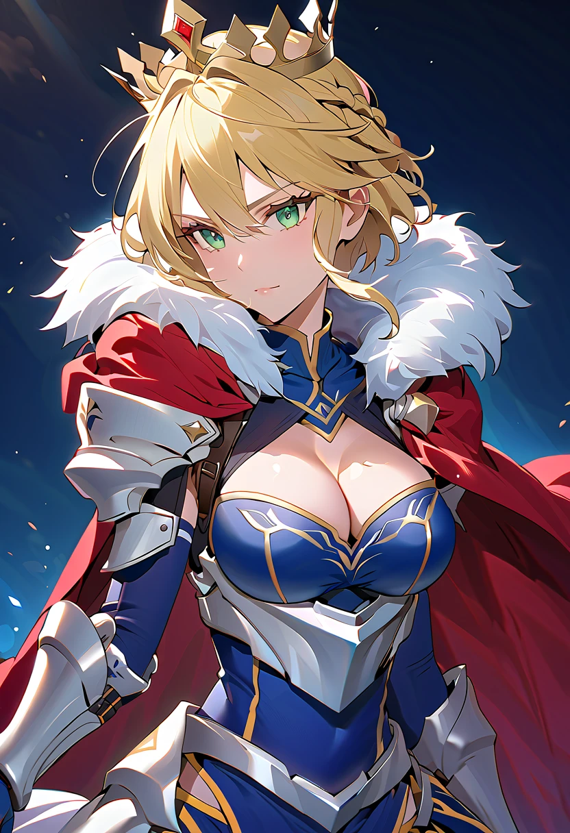  Altria Pendragon、Lancer、bangs、Ahoge、Blonde、Green Eyes、 French Braid 、 shorthair、crown、 Blue Leotard 、 sleeveless、 cleavage cutouts、 elbow gloves 、Blue gloves、blue knee socks
red cape、Fur trim、 gauntlet 、armor、armorブーツ、 underbust pose