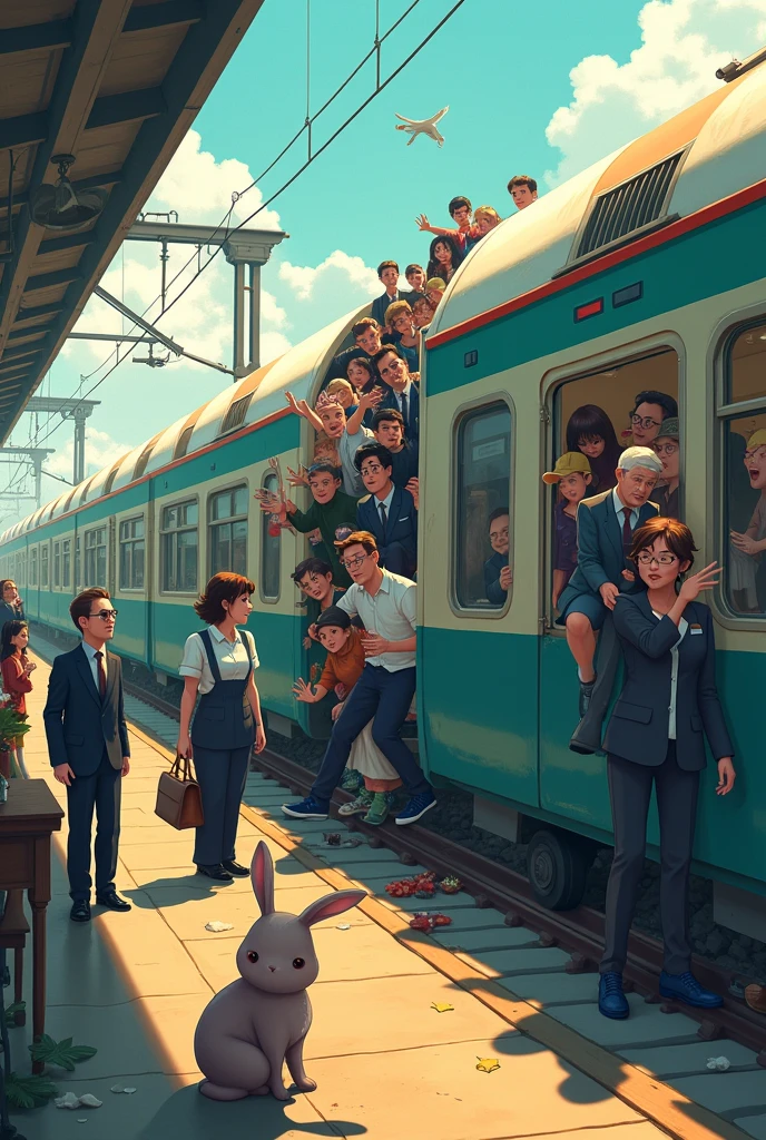  surreal animation style 、 the view from the station platform 、 looking at the train from the side 、 crowded trains near the door、The train is overcrowded 、 the train swells in a circle due to the large number of people 、 the person jumping out of the window 、 businessman in a cafe、 businesswoman、 the station attendant pushing the person into the train with both hands 、 there is a person watching the scene with impatience at the home 々、 There is a rabbit in the corner of the illustration looking at these happily。Please make the rabbit's expression the cutest 。