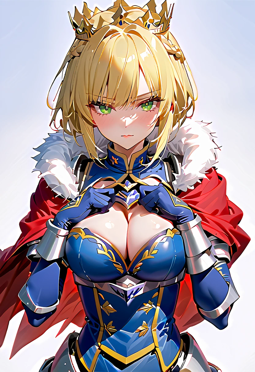 artoria、bangs、Ahoge、Blonde、Green Eyes、 French Braid 、 shorthair、crown、 Blue Leotard 、 sleeveless、 cleavage cutouts、 elbow gloves 、Blue gloves、blue knee socks
red cape、Fur trim、 gauntlet 、armor、armorブーツ、 underbust pose