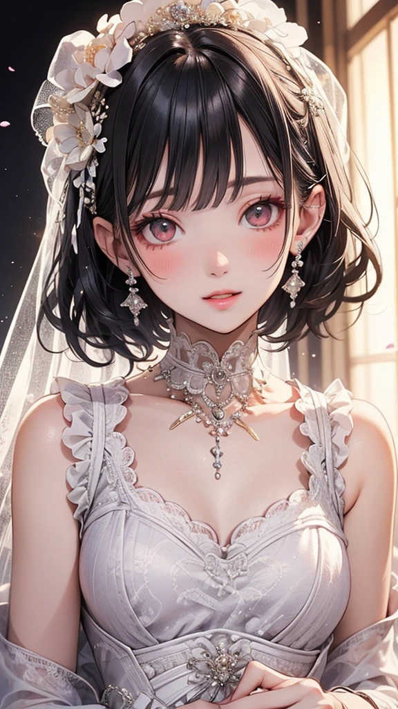 best quality, masterpiece,Black hair, red eyes, looking up,upper body,(red background:0.6),pixiv fantasia, wedding dress,
