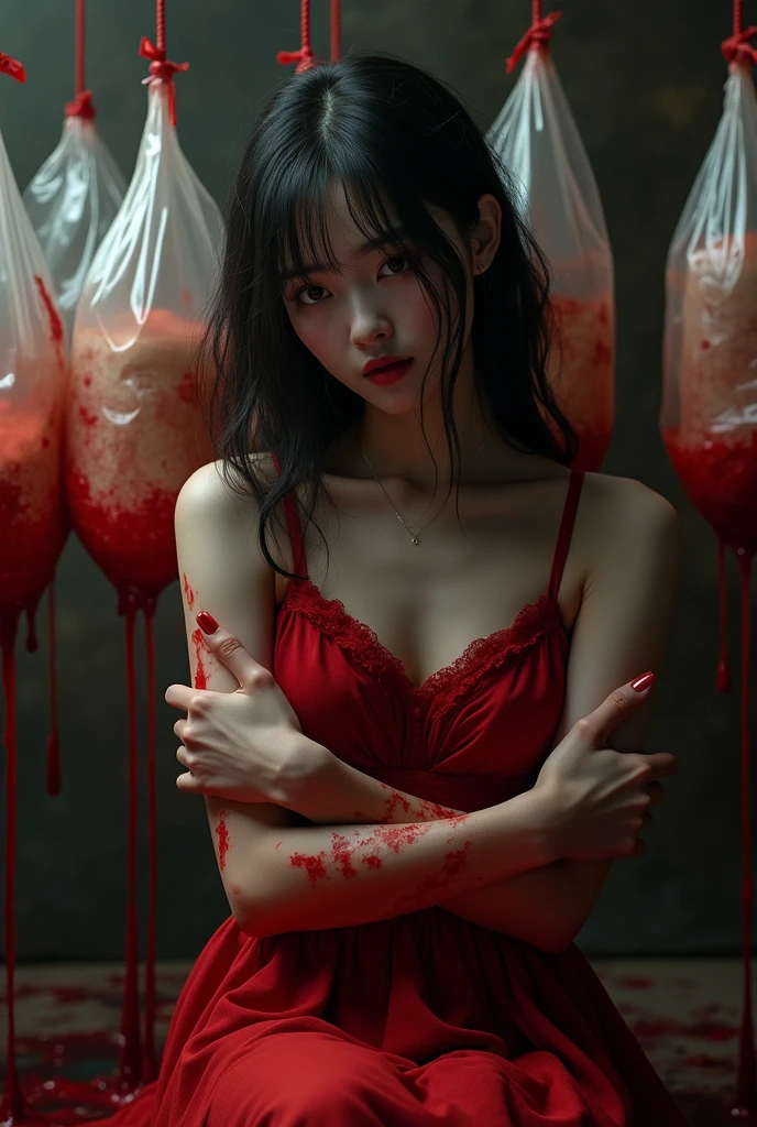 (((best quality))),(((ultra detailed))),(((masterpiece))),illustration,(a stunning girl,solo),((slim,thin)),((small breasts,flat chest)),(standing:1.3), ((awkwardly,painful,embarrassed)),(In modern high-speed railway carriages:1.3),(white dress splattered with red paint stains:1.3),(surrounded by crowded crowds:1.3),((from front,upper body))