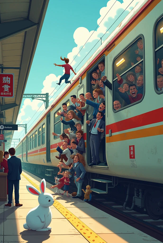  surreal animation style 、 the view from the station platform 、 looking at the train from the side 、1 crowded train 、The train is overcrowded 、( the train swells in a circle due to the large number of people )、 the person jumping out of the window 、 businessman in a cafe、 businesswoman、 the station attendant pushing the person into the train with both hands 、 there is a person watching the scene with impatience at the home 々、 there is a rabbit in the corner of the illustration。 The rabbit is white all over 、 please make its expression super cute 。 please don't touch the electric wires as they are dangerous。