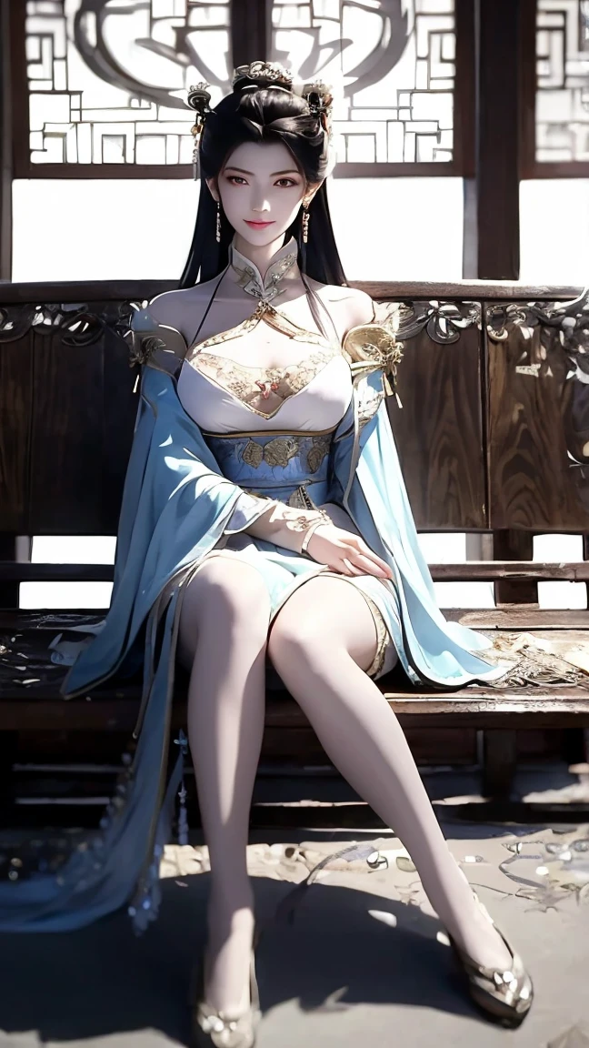  A beautiful ancient Chinese woman,Bangs, very long hair , headgear,Smile with her mouth closed , wearing ancient Chinese lingerie ,Big breasts,looming,sit on a bench, watching people 