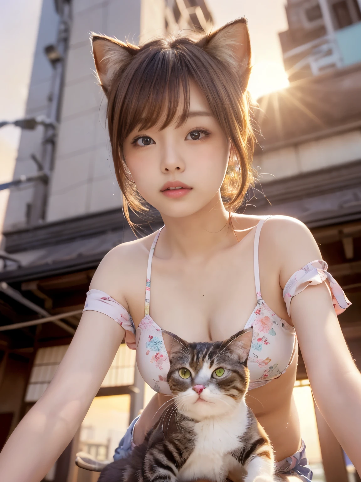 (((Busty actress wearing a bikini made of completely transparent tiny cloth)))、Woman in seduction pose on street corner、(((top-quality)))、(((hight resolution)))、8k、 1 a person、outside of house、(Street:0.8)、(a person々、crowd:1)、(swim wears:1.5)、a gorgeous、(Medium hair)、(dynamicposes:0.8)、 (The upper part of the body:1.2)、Soft lighting、the wind、luslous skin、Blue eyes、line of sight、False lashes、Light brown hair、Cat's ears