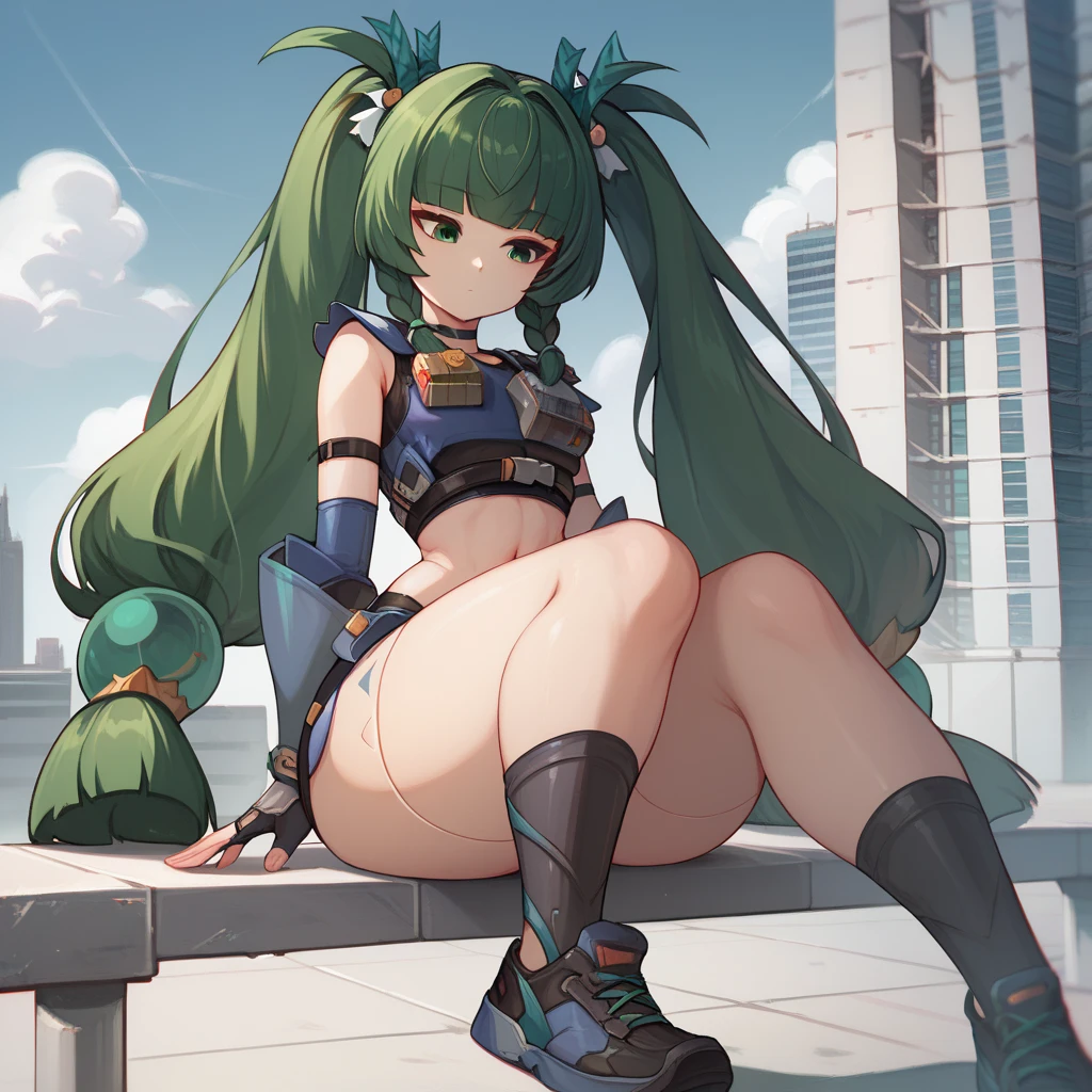 solo, qingyi, green eyes, green hair, very long hair, twintails, blunt bangs, hair bobbles, side braids, hair ornament, robot joints, wide hips, big ass, thick thighs, fingerless gloves, black shorts, navel, choker, crop top, knee pads, elbow gloves, black sneakers, gauntlets, expressionless, blue sky, building, perfect body, curvy female, sitting, looking down, thinking, hands inside thighs 