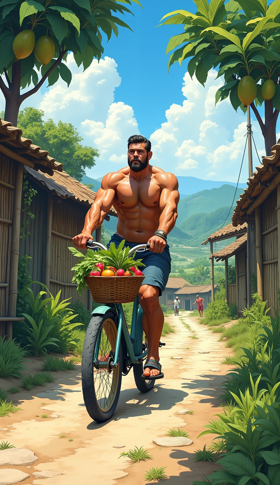 "A strong and iconic figure, with a large muscular body, is pedaling a bicycle on a small road in a traditional village. The road is rocky and winding, surrounded by typical village houses with roofs made of coconut leaves or old tiles, and simple bamboo fences. Lush green trees grow along the sides of the road, with some fruit trees such as mango and banana hanging down towards the road. In the distance, you can see vast rice fields with farmers working, some carrying hoes or carrying their harvest. The bright blue sky is dotted with thin clouds, and the sounds of village life—cocks crowing, ren playing, and the sound of villagers chatting—enliven the atmosphere. The figure looks focused on pedaling his bicycle, with a small basket behind him filled with fresh vegetables, as if he had just finished shopping at the village market.