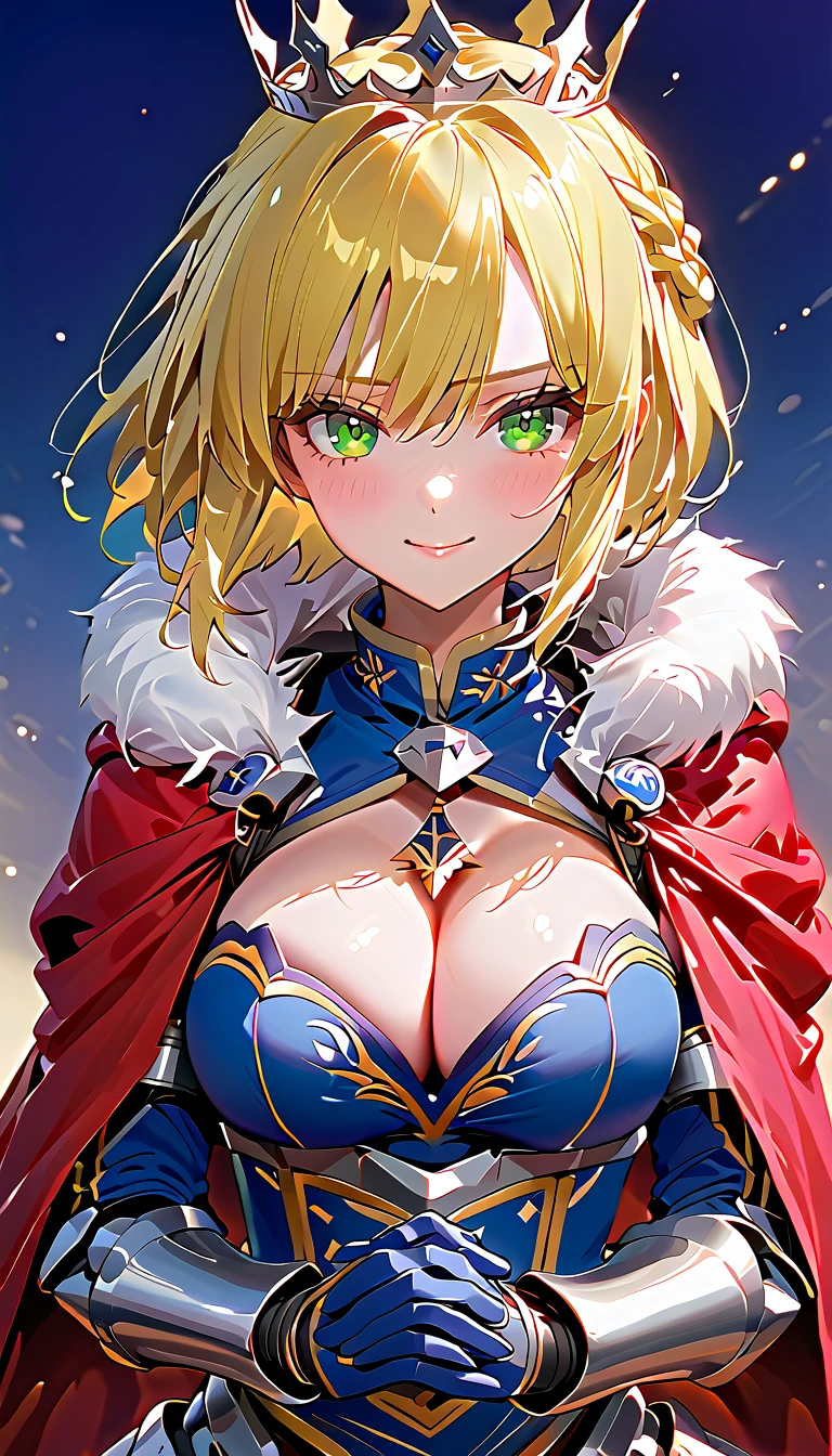 artoria、bangs、Ahoge、Blonde、Green Eyes、 French Braid 、 shorthair、Cute smile、crown、 Blue Leotard 、 sleeveless、 cleavage cutouts、 elbow gloves 、Blue gloves、blue knee socks
red cape、Fur trim、 gauntlet 、armor、armorブーツ、 underbust pose、whole body