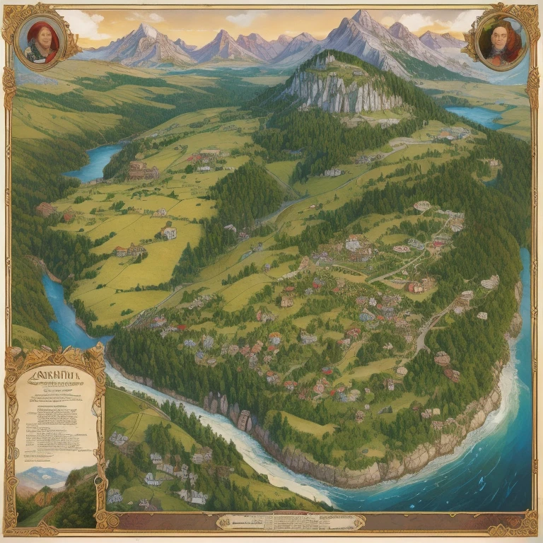  A highly detailed cartographic map depicting a magical continent ,  with extensive pine forests to the north ,  in the human kingdom of Normanthia , SNOW-COVERED MOUNTAINS, To the south,  separated by the Aramah River ,  the elven kingdom of Galatia sequoia giants and the Thur and SeQth lakes that flow into the Aramah River,  and next to Galatia ,  the dwarf kingdom of Dagnartha forests with steep mountains and majestic meadows .  The map presents perfectly defined borders and names of kingdoms ,  masterful cartography ,  rich in detail , An impeccable,  high quality ,  belt,  Anatomically correct,  ultra-high definition map , with Impressionists ,  Art Nouveau , Constructivist, Contemporary art,  and hyperrealistic styles .