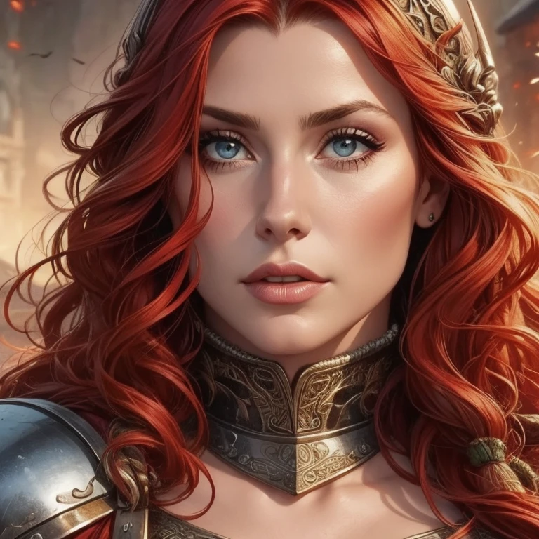  pretty woman, Viking warrior, skin cover, Armor,  red hair,  wavy hair, (close up,  portrait photo ), (Alone), realistic,   depth of field  