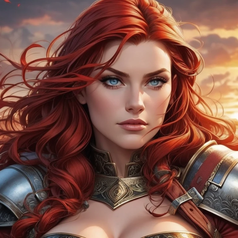  pretty woman, Viking warrior, skin cover, Armor,  red hair,  wavy hair, (close up,  portrait photo ), (Alone), realistic,   depth of field  