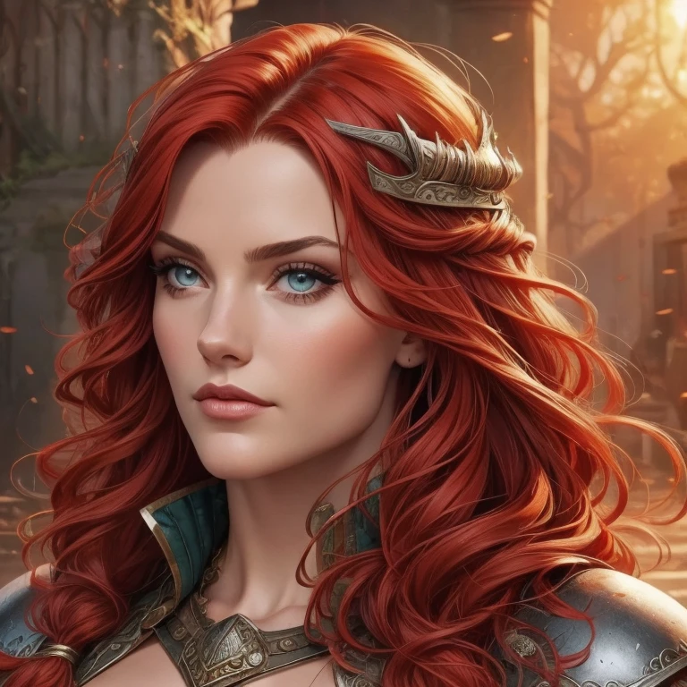  pretty woman, Viking warrior, skin cover, Armor,  red hair,  wavy hair, (close up,  portrait photo ), (Alone), realistic,   depth of field  