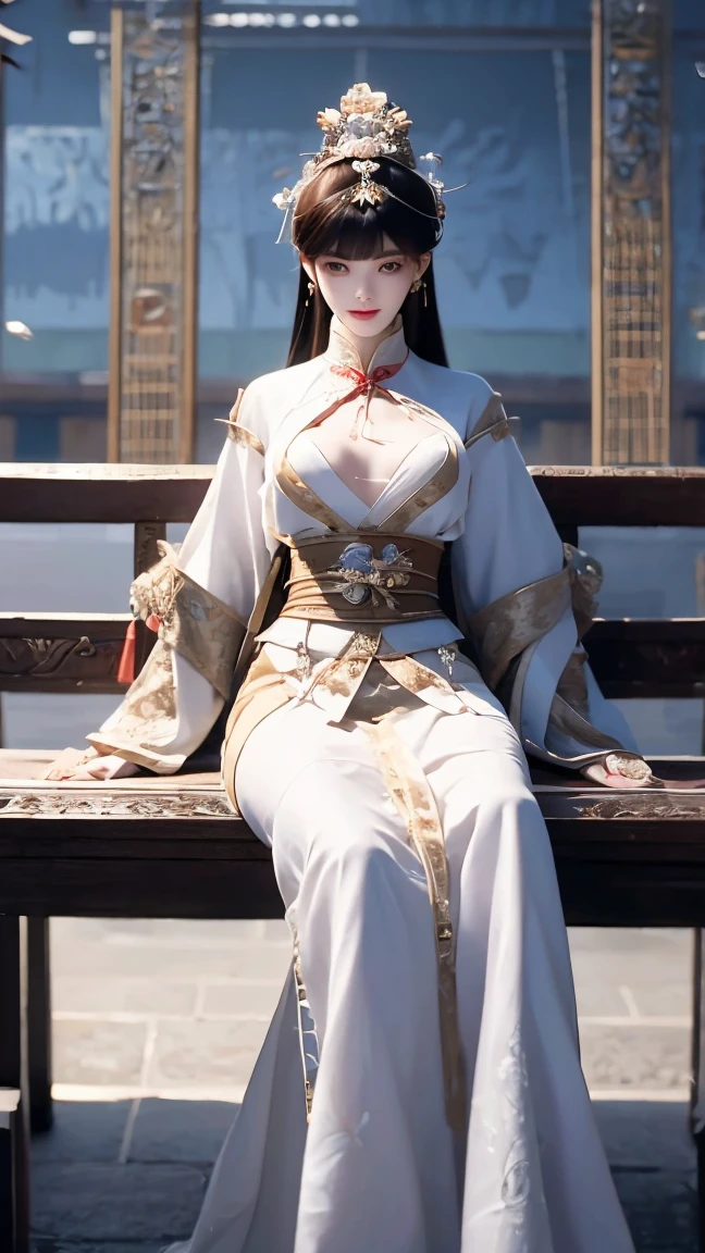 Room, A beautiful ancient Chinese woman,Bangs, very long hair , headgear,Smile with her mouth closed , wearing ancient Chinese lingerie ,Big breasts,looming,sideways,sit on a bench,, watching people 