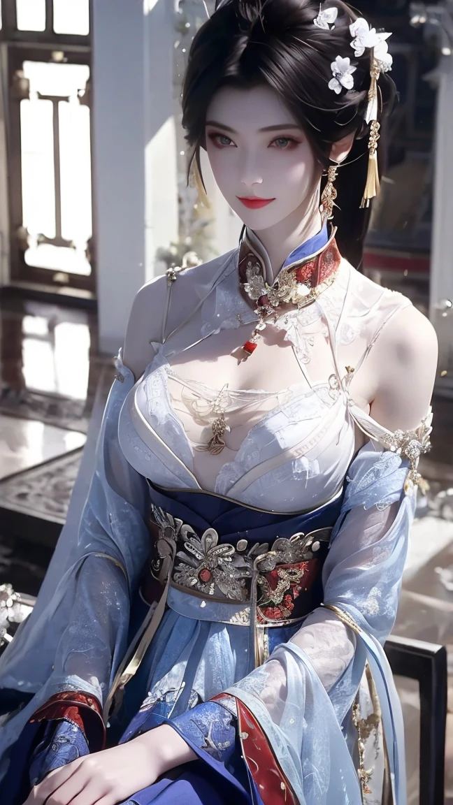 Room, A beautiful ancient Chinese woman,Bangs, very long hair , headgear,Smile with her mouth closed , wearing ancient Chinese lingerie ,Big breasts,looming,sideways,sit on a bench,, watching people 