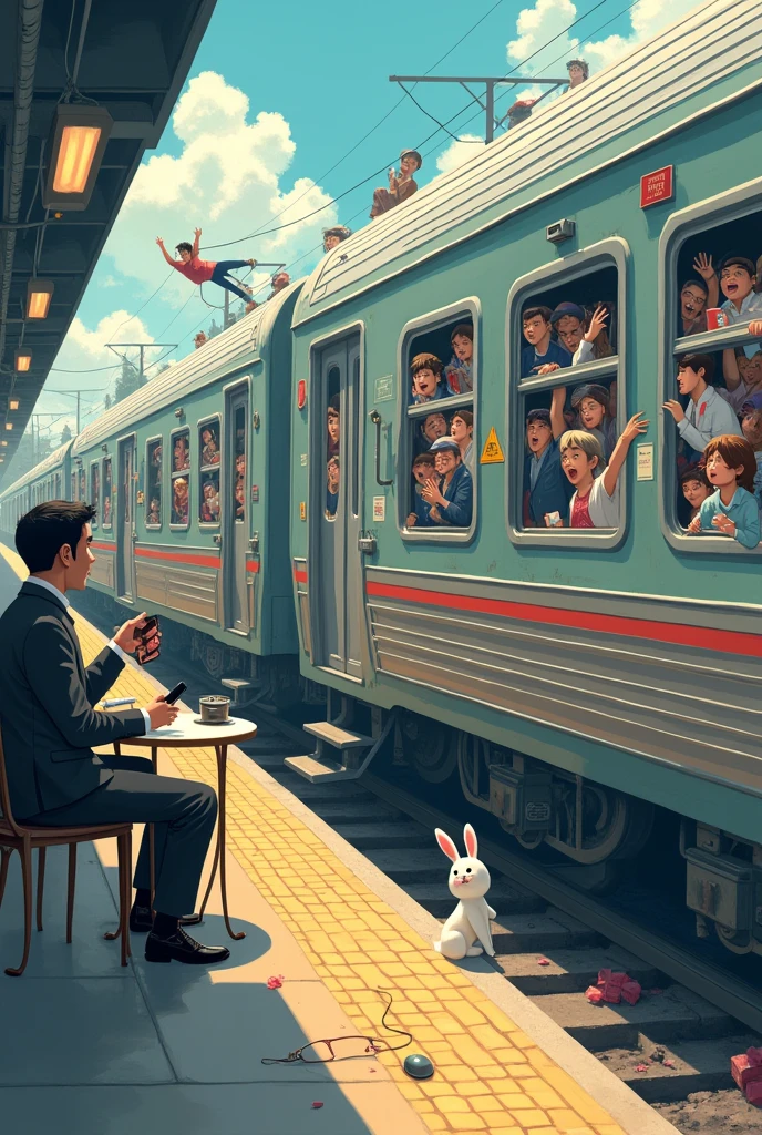 surreal animation 、 the view from the station platform 、 looking at the train from the side 、1 crowded train 、The train is overcrowded 、( the train swells in a circle due to the large number of people )、 the person jumping out of the window 、 businessman in a cafe、 businesswoman、 the station attendant pushing the person into the train with both hands 、 there is a person watching the scene with impatience at the home 々、There is a very small rabbit in the corner of the illustration looking at these happily。 The rabbit is white all over 、 please make its expression super cute 。 please don't touch the electric wires as they are dangerous。