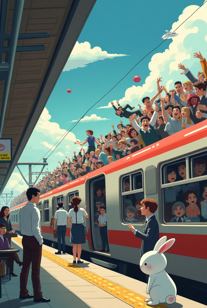 surreal animation 、 the view from the station platform 、 looking at the train from the side 、1 crowded train 、The train is overcrowded 、( the train swells in a circle due to the large number of people )、 the person jumping out of the window 、 businessman in a cafe、 businesswoman、 the station attendant pushing the person into the train with both hands 、 there is a person watching the scene with impatience at the home 々、There is a very small rabbit in the corner of the illustration looking at these happily。 The rabbit is white all over 、 please make its expression super cute 。 please don't touch the electric wires as they are dangerous。