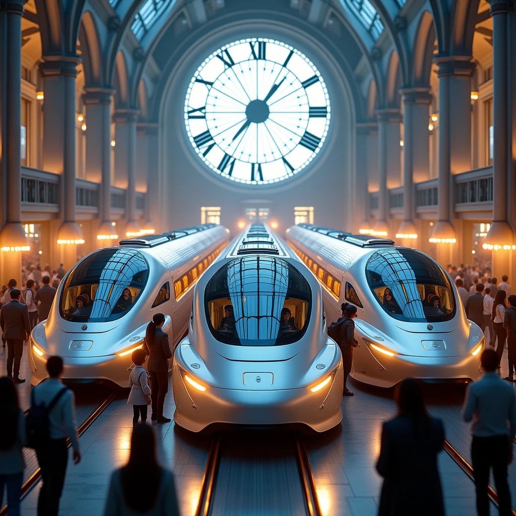 The station is worth trains ,  People go to a huge stand with the dial and time,  Beautiful New and trendy Trains , 16K, masterpiece,  best size 