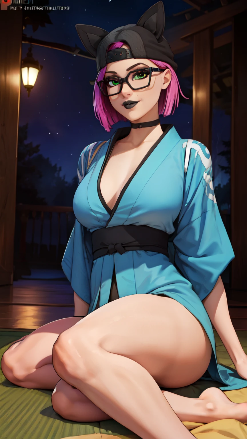 small breasts, best quality, masterpiece,1girl, yuzuriha_(jigokuraku), purple hair, brown eyes, ninja, open clothes, cleavage, , topknot,  japanese exterior, temple, sengoku period town, town, from below, spread legs