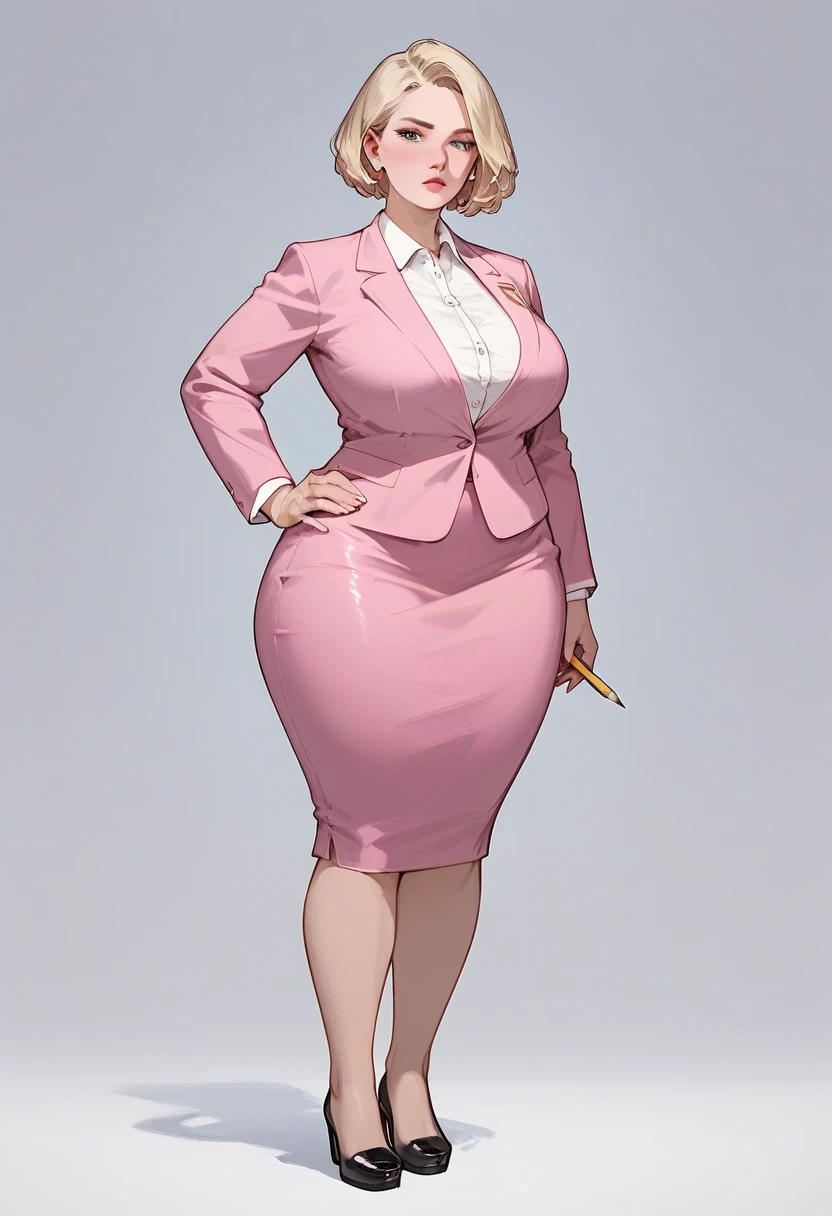 (score_9,score_8_up,score_7_up) 1lady, solo, mature female, adult woman,, round face, short length hair, blonde hair, tight pink blazer, white shirt underneath, pink skirt, tight long pencil skirt, very long skirt, long pink pencil skirt, half lidded eyes, hand on hip, blank expression, pale, thick thighs, black high heels, wide hips, standing upright, full body shown, thick legs, older woman,voluptuous, hourglass bodyfigure, facing forward, detailed face, staring, long fingernails, natural nails