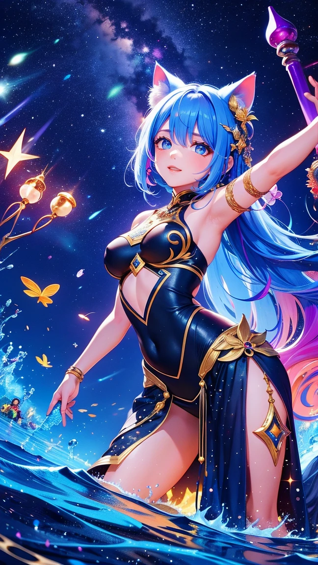 super high image, super detail, super high resolution, cute fairy, holofilm, translucent, iridescent, background fantasy, galaxy, magic circle, kaleidoscope, give off rainbow and gold neon light many lines radially from floor and ceiling, professional lighting