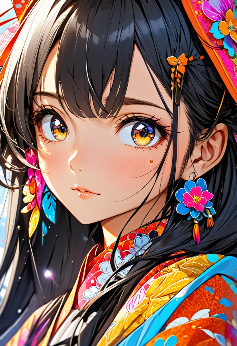 masterpiece, best quality, {best quality}, {{masterpiece}}, {highres}, focus, anime style, a closeup of a cartoon of a woman, girl design, portrait, giesha, anime image, long hair, black hair, straight eyes, hair covering ears, polished and powerful look, exotic, tall, freckles, cheerful, romantic clothing, colorful, colors  