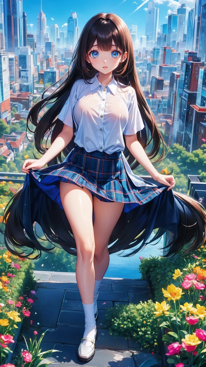 ( best quality,   Masterpiece , 超 high definition ), (8k wallpaper,  high definition ,  high definition , born), (Authenticity : 1.4), ((  full body shot )),  1 girl, ((  anime girl )), (( giant girl)),  giant, GTS, ((  long black hair )), ((School Anime Girls )), (( blue eyes)),  Amazingly Slim Body , Female Curves,  wide hips,  Big Breasts ,  thick thighs ,  sexy flat stomach ,   Perfect Hand, ((walk)), Perfect anime face, (( white blouse)), (( tartan miniskirt )),  in a small miniature city, ((confident smile)), 小さな建物の上, Natural lighting, Sunshine Illuminations ,   sun rays on a small building  