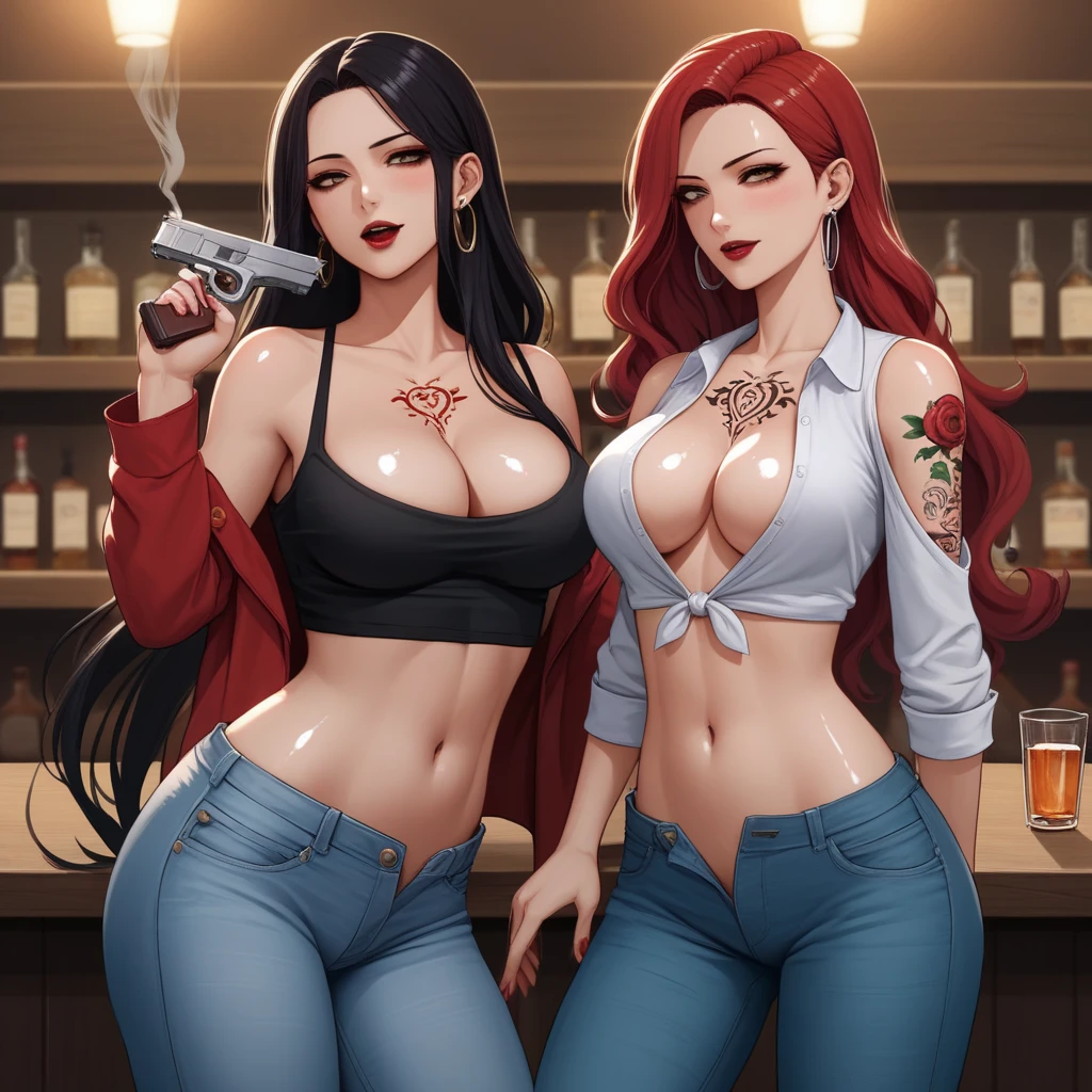 2girl, two girls, female, , long hair, anime girl,, tattoo,  long hair, earrings, red lips, large breasts, ear piercing, long hair, anime girl,ecchi anime style, anime girls ,digital anime art!!, , anime style 4k, long hair, earrings, red lips, large breasts, ear piercing, long hair, blush, lipstick,Hot girl, baddie, smoking, sensual, attractive , bar background, inside bar,indoors, masterpiece,high quality,4k, bare
shoulder,belly,crop top,holding pistol,cleavage, unbuttoned shirt,shirt, knot, indoor,smile, open
mouth, (nsfw) not safe for work, evil expression, exposed belly, exposed navel, exposed midriff,
exposed lower belly, crop top overhang, underboob,jacket, unbuttoned jeans , low rise black jeans,
Low rise jeans, Low rise jeans with open fly,,, tattoo on body, flower tattoo, dragon tattoo, belly tattoo, , shiny skin,