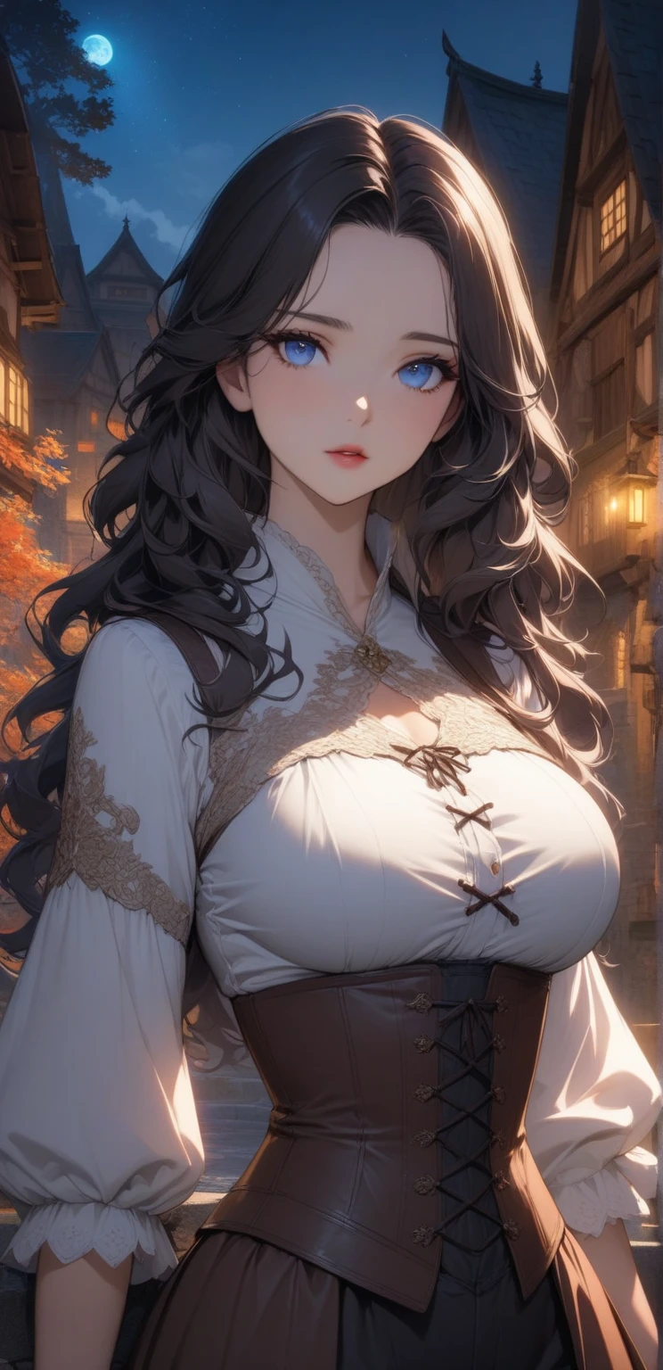 (best quality,highres),girl,medieval city dress,intricate braided hairstyle,black hair,big breasts,beautiful face,detailed eyes,detailed lips,extremely detailed eyes and face,long eyelashes,curvy body,fair skin,confident expression,standing pose,romantic background,dusk lighting,soft colors,vibrant atmosphere,enchanted feeling,impressive architecture,gothic buildings,narrow cobblestone streets,flowing banners,ornate balconies,ivy-covered walls,bustling marketplace,floral decorations,ornamental gates,medieval charm,lively crowd,authentic costumes,attention to historical accuracy,regal atmosphere,majestic spires,grand towers,distant mountains,serene river winding through the city,reflections shimmering on the water,mysterious alleyways,whispering secrets,hidden treasures,romantic rendezvous,storybook setting.
sultry look, seductive,