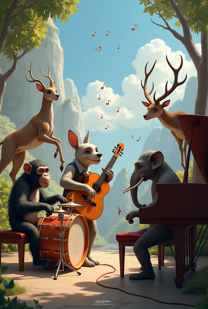 Several realistic animals playing various instruments - SeaArt AI