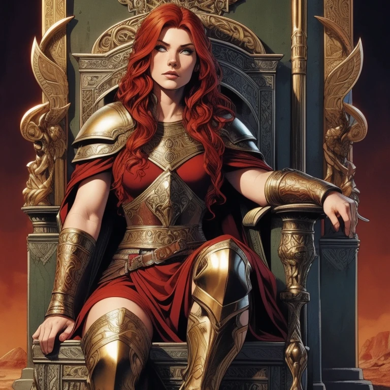  pretty woman, Viking warrior, skin cover, Armor,  red hair,  wavy hair, (close up,  full body, sitting on the throne of the gods  ), (Alone), realistic,   depth of field  