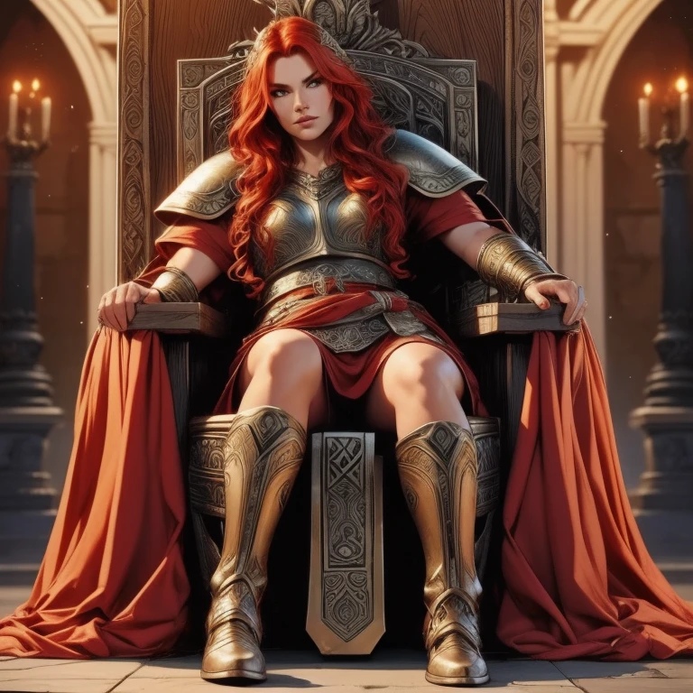  pretty woman, Viking warrior, skin cover, Armor,  red hair,  wavy hair, (close up,  full body, sitting on the throne of the gods  ), (Alone), realistic,   depth of field  