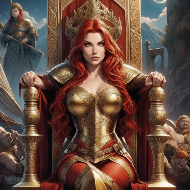  pretty woman, Viking warrior, skin cover, Armor,  red hair,  wavy hair, (close up,  full body, sitting on the throne of the gods  ), (Alone), realistic,   depth of field  