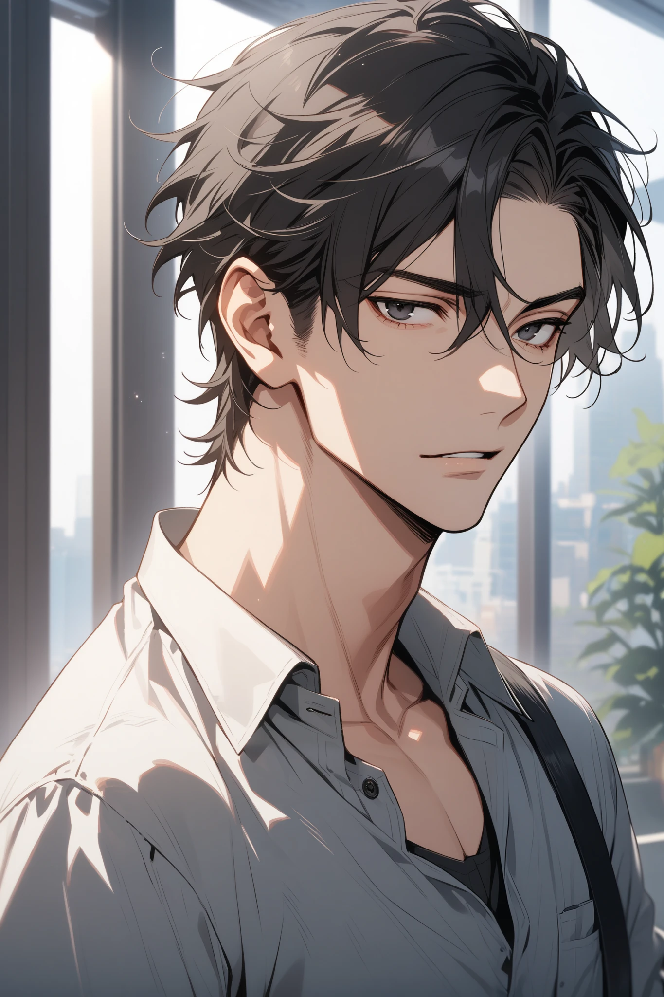 Man, handsome, short black hair, black eyes, shirt