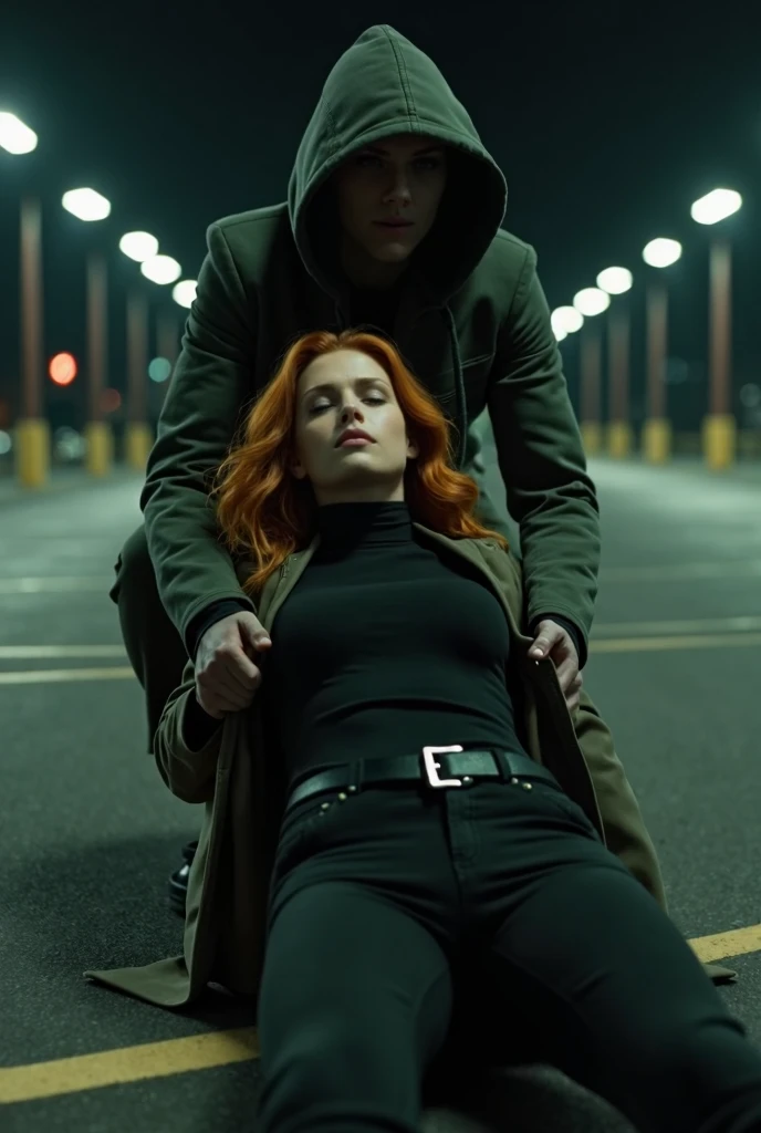 Voldemort has Hermione lying flat on a cold, stone table, her shirt lifted up to reveal her bare abdomen. His right hand is firmly touching and pressing Hermione's exposed abdomen.