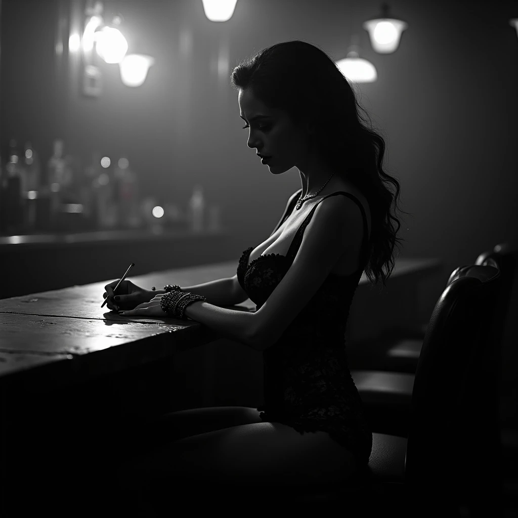 (monochrome:1.6),by Jovana Rikalo,wearing a (sheer lace) very high waist thong suit,sexy pose on a chair,(solarized, dark palette, highly professional, dramatic lighting, extremely beautiful:1.4),intricate details, masterpiece, best quality, Caricature, exaggerated, comical, caricature, from behind view, dynamic pose,in the style of Nicola Samori