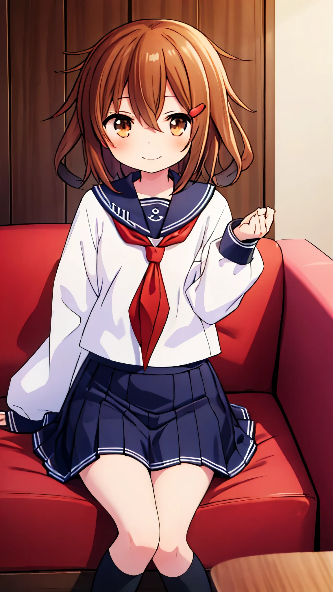 Ikazuchi, living room in background, looking at viewer, happy,  high resolution ,  best quality , UHD, short hair, sitting on sofa, brown hair, loli, Anatomisch korrekt, HD-Modell, Hohe Details, 1 Mädchen, Solo, Schamröte, sailor uniform, black kneesocks, skirt