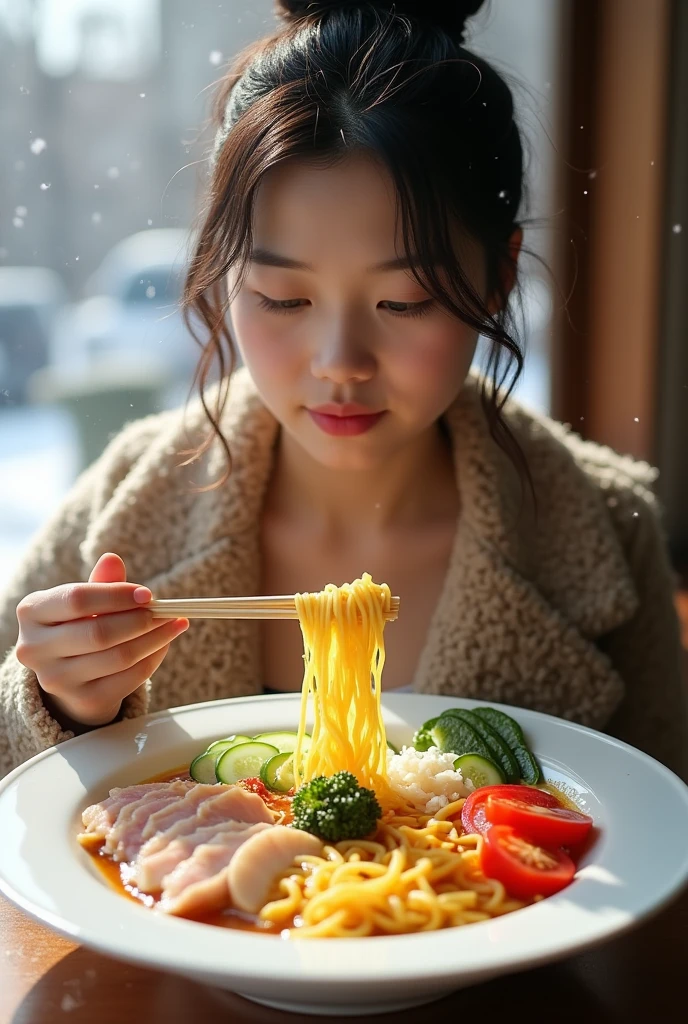 Running while eating ramen、A Japanese woman with a  short bob hairstyle、A close-up of her  and calm expression.、It shows her inner peace and outer charm.。
