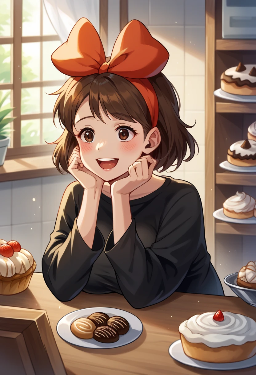 kiki,((( GIRL 11 .9))),Alone,  shorthair, brown hair,  dark eyes,  hair bow,  with very big breasts , I'm staring straight into my cheek cane with both hands ,  black dress,  upper body,(((   Has Her Mouth Wide Open  ))), cute smile with blush, headrest,indoor, A picture of grated yam is displayed on the wall ,Bakery,  counter table , motion blur ,   Masterpiece , best quality,  best quality ,8k,