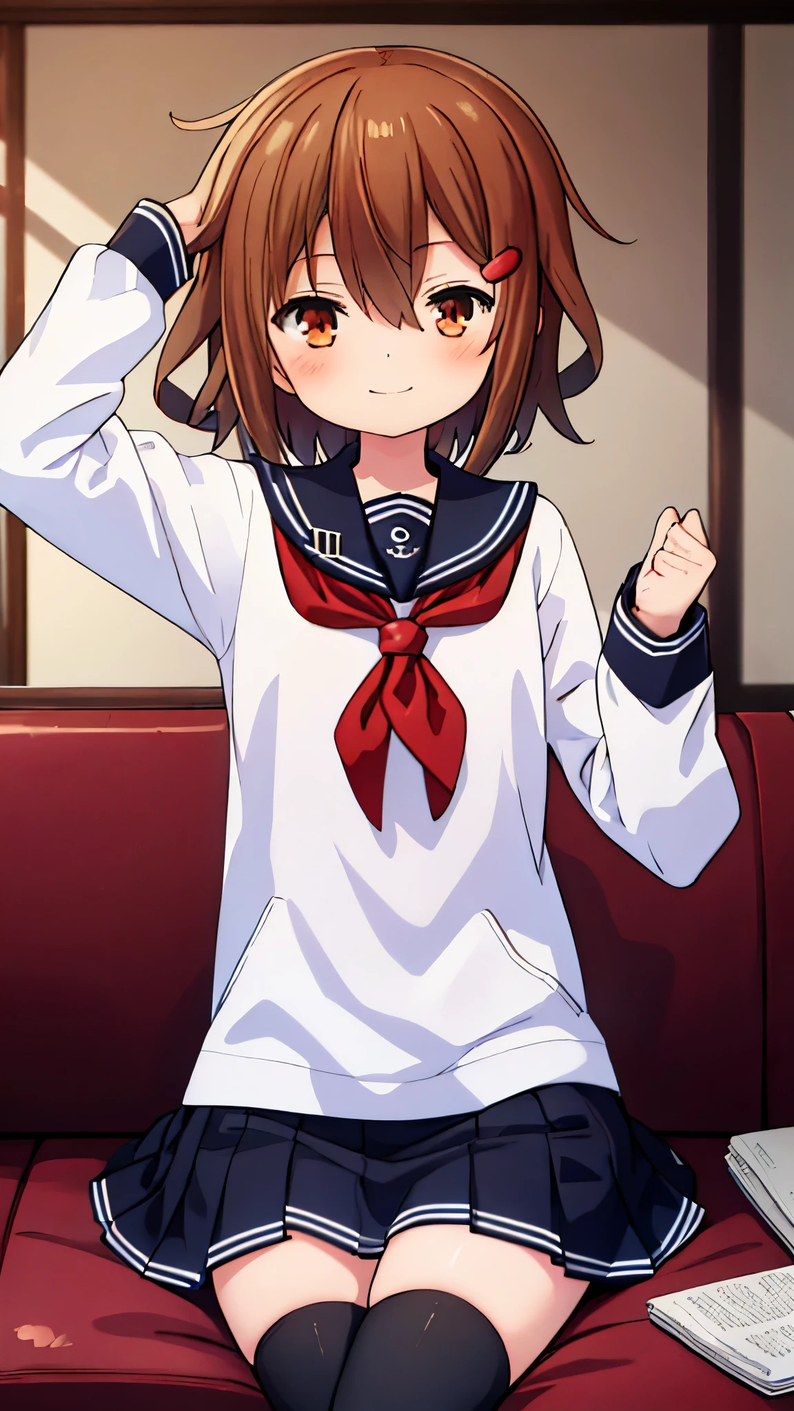 Ikazuchi, living room in background, looking at viewer, happy,  high resolution ,  best quality , UHD, short hair, sitting on sofa, brown hair, loli, Anatomisch korrekt, HD-Modell, Hohe Details, 1 Mädchen, Solo, Schamröte, sailor uniform, black thighhighs, skirt