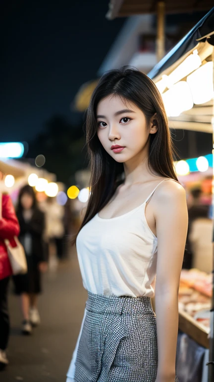 A very cute face like an idol、One 20-year-old woman with a youthful appearance、((leica 50 mm prime lens, Cine Steel 800T film, art color photography))、(Cleavage)、(((Beautiful beach at night)))、RAW Photos、Genuine、live-action、(Artistic Expression)、High resolution、masterpiece
