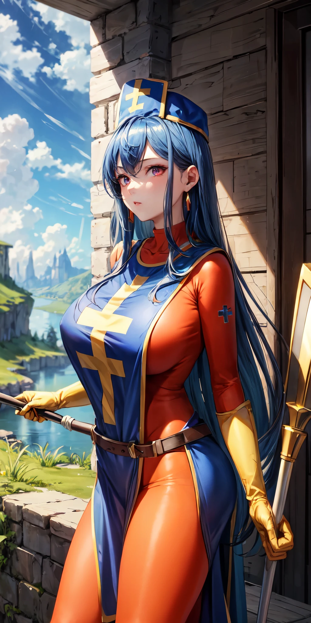 ( Masterpiece , best quality:1.1), Priest \(dq3\), 1 girl, Alone, long hair, blue hair, red eyes, Mithra, Tabard, Cross Print, orange bodysuit, elbow gloves, huge breasts, holding, staff, nature, blue sky
