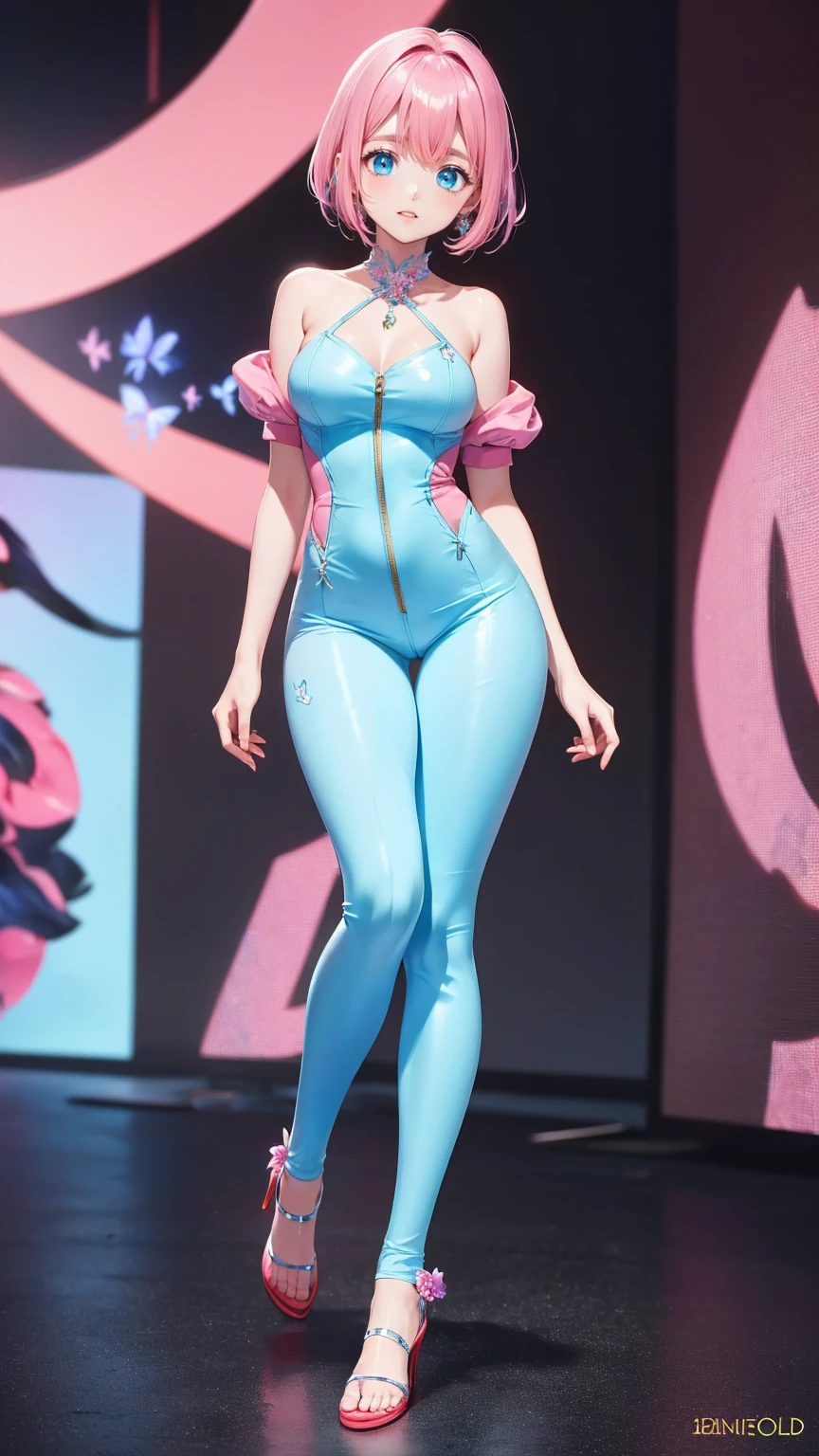 Long thin legs, Woman with sky blue hair is posing, Tight light blue suit, Well dressed, Elegant legs, Wearing white high heels，girl, Very beautiful long slim legs, Close up portrait of a woman in a blue suit with a red cloak, Capcom, As a Tekken character, fighting game character,King of Fighters character,