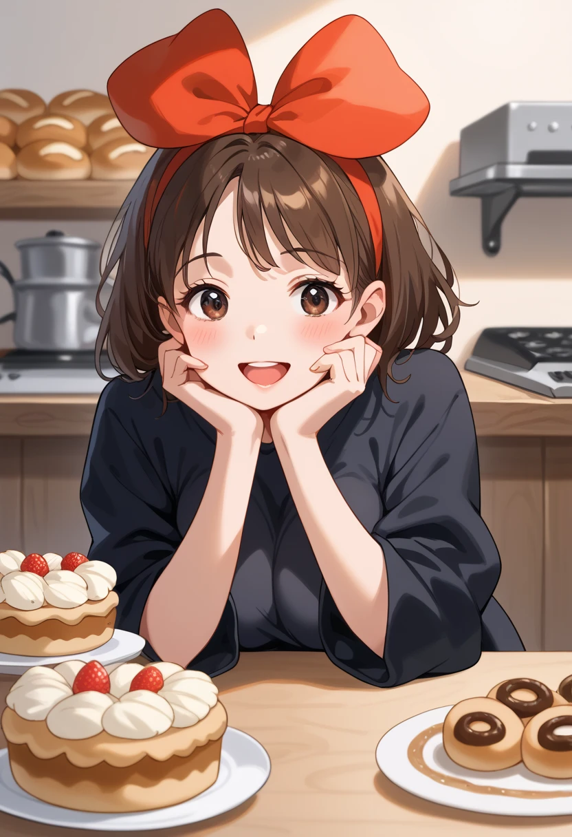 kiki,((( GIRL 11 .9))),Alone,  shorthair, brown hair,  dark eyes,  hair bow,  Big Breasts , I'm staring straight into my cheek cane with both hands ,  black dress,  upper body,(((   Has Her Mouth Wide Open  ))), cute smile with blush, headrest,indoor, A picture of grated yam is displayed on the wall ,Bakery,  counter table , Motion Blur,   Masterpiece , best quality,  best quality ,8k,