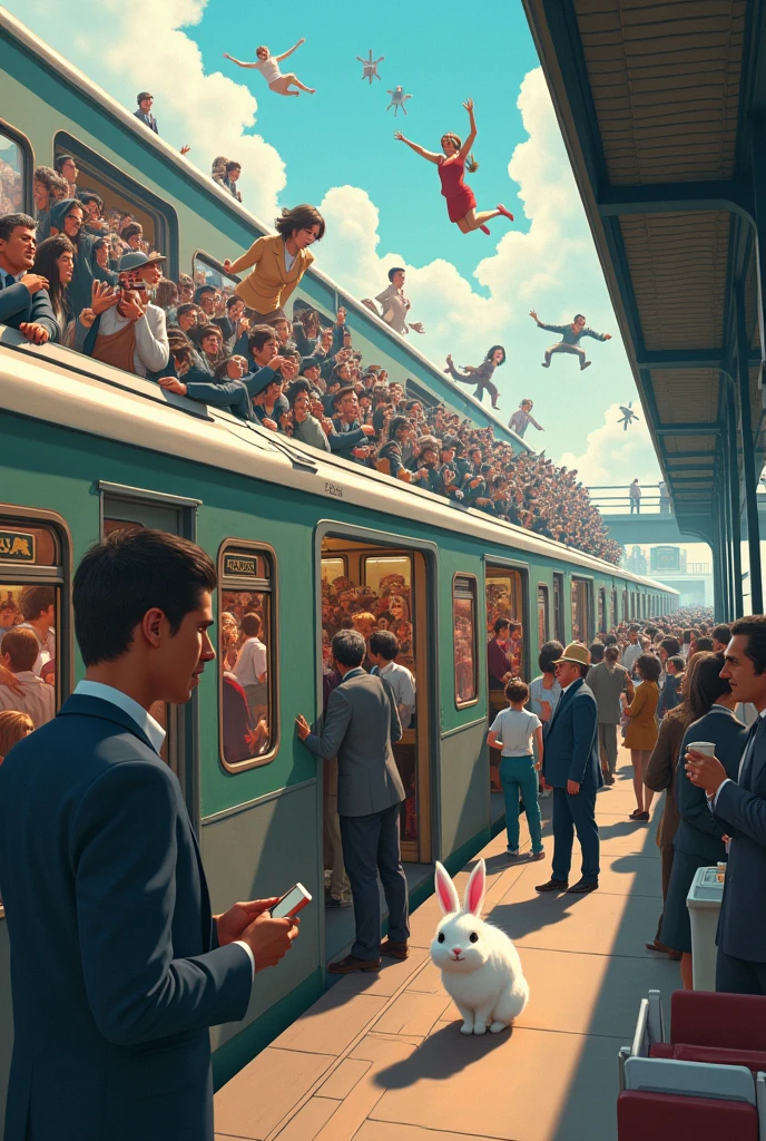 surreal animation 、like a Where's Wally Now, the view from the station platform 、 from above、1 crowded train 、The train is overcrowded 、( the train swells in a circle due to the large number of people )、 the person jumping out of the window 、 businessman in a cafe、 businesswoman、 the station attendant pushing the person into the train with both hands 、 there is a person watching the scene with impatience at the home 々、There is a very small rabbit in the corner of the illustration looking at these happily。 The rabbit is white all over 、 please make its expression super cute 。 please don't touch the electric wires as they are dangerous。