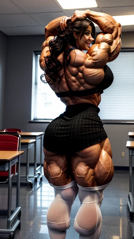 (cartoon of a woman in a classroom with a man in a suit, realistic , a hyperrealistic , hyperrealistic , as a strict school teacher ), large muscles, realistic cartoon, 3 d cartoon, big muscles, giantess art, very realistic, exaggeratedly large physique, powerful and huge, school class, in a classroom, muscular girl