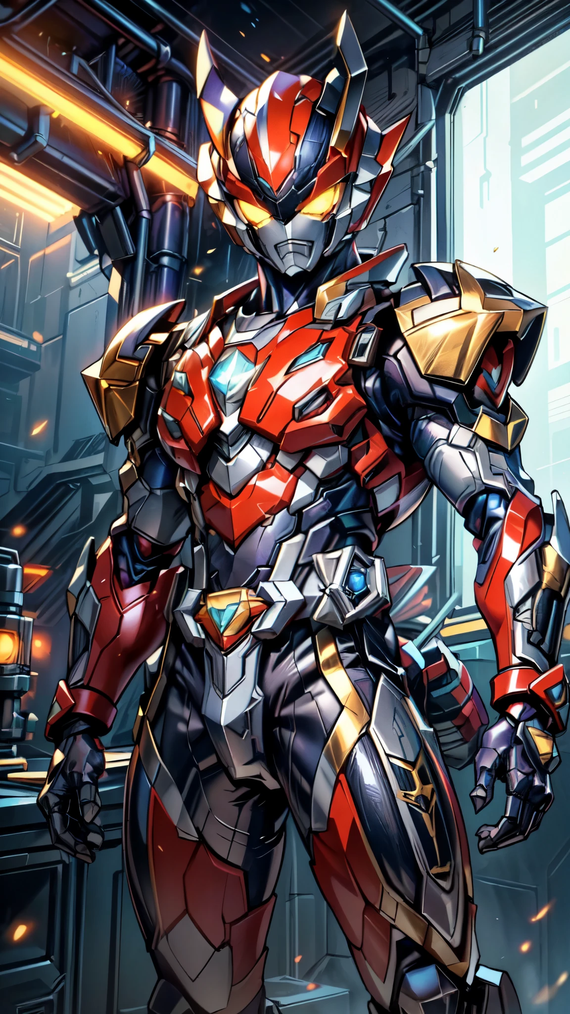 (masterpiece:1.5, best quality:1.5, extremely delicate:1.5), ((male:1.5)), a man wearing a full-face helmet, high-tech biomimetic armored combat suit, (a composite layered chest armor), the design balances heavy with agility, fully enclosed shoulder guards, matching arm and leg guards, a belt of gemstone, (the color scheme is primarily Purple with Blue and Yellow accents, Organic Biotech, Concept Inspired by Kamen Rider, glowing eyes, armor glows), stand of a futuristic sci-fi city, this character embodies a finely crafted fantasy-style armored hero in anime style, exquisite and mature art style, metallic, high definition, highres, ultra-detailed, ultra-fine painting, professional, perfect body proportions, golden ratio, anatomically correct, symmetrical face, extremely detailed eyes and face, high quality eyes, creativity, RAW photo, UHD, 32k, Natural light, cinematic lighting, (masterpiece-anatomy-perfect:1.2)