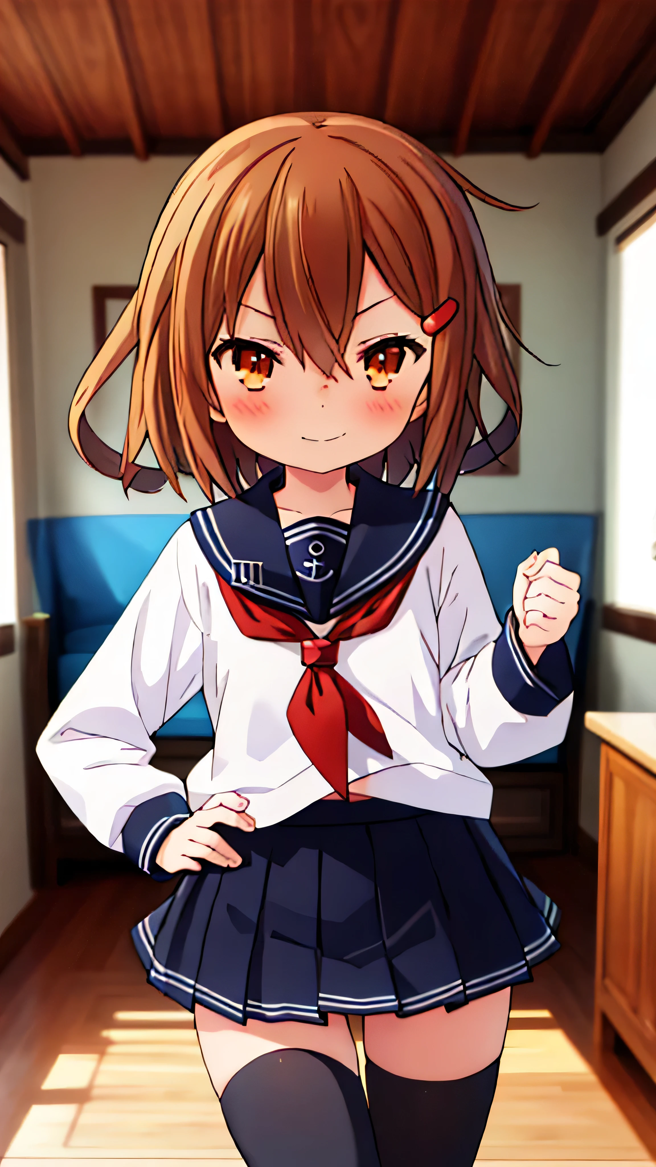 ikazuchi, living room in background, looking at viewer, high resolution ,  best quality , UHD, short hair, brown hair, loli,  anatomically correct, HD model,  High details,  1 girl, Alone,  redhead, sailor uniform, black thighhighs, skirt, bend forward, smug