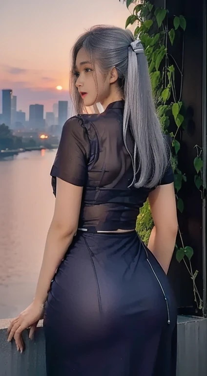 Masterpiece, Best quality, (Photorealistic:1.4), full bodyesbian, (dress:1.1), view over city, Cinematic light, Beautiful woman, ((From behind)), Skinny, huge breasts, huge ass, White hair, rim, Detailed face,