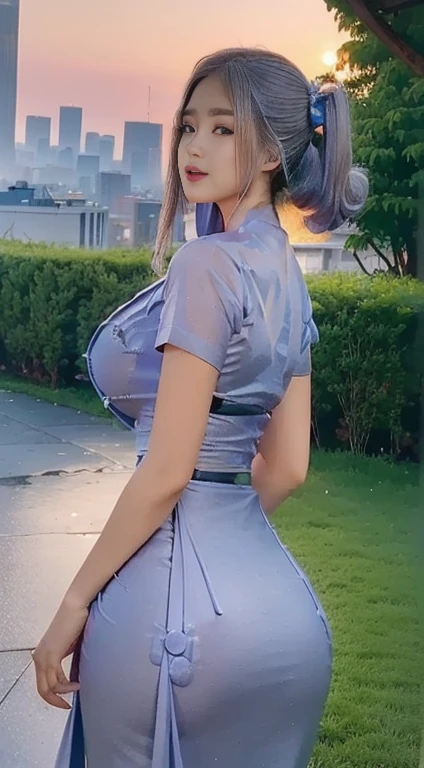 Masterpiece, Best quality, (Photorealistic:1.4), full bodyesbian, (dress:1.1), view over city, Cinematic light, Beautiful woman, ((From behind)), Skinny, huge breasts, huge ass, White hair, rim, Detailed face,