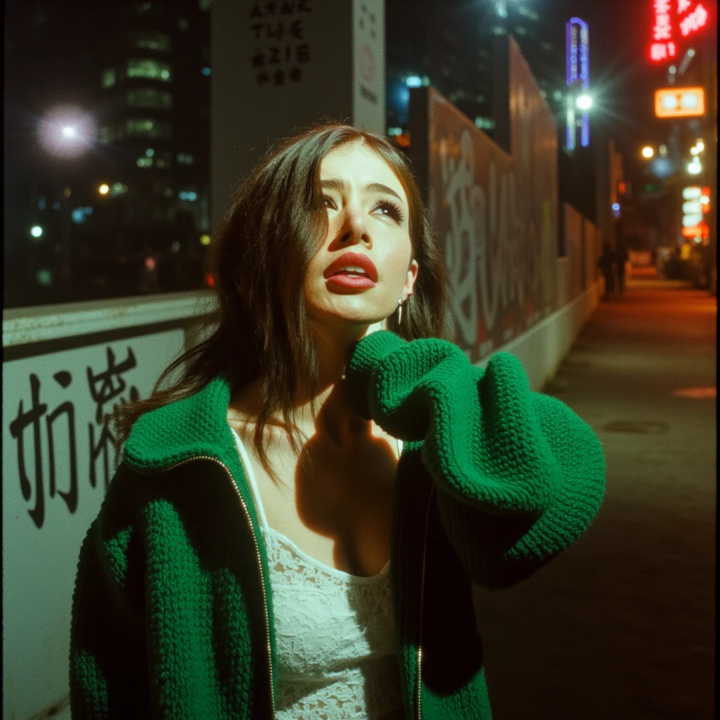 A cinematic film photo shoot in hongkong city street, shot on mamiya R67 with 35mm lens and f-1.4, intricate high angle view, there was a young pretty Chrissy with warm expression and beautiful ayes, sitting astride on the concrete fence with graffiti art wall, right hand on the neck and left hand cares for hair, dramatic pose, in minimal lace dress in oversize old green sweater jacket with sneakers, open your legs, messy long hairstyle, natural moody, poetic style, reality of life, late afternoon, windy, dramatic neon light and ambient, very ultra highly detailed, sharp focus, extremely high quality photo, film bokeh, japanese analog film photo looks, photoreal
